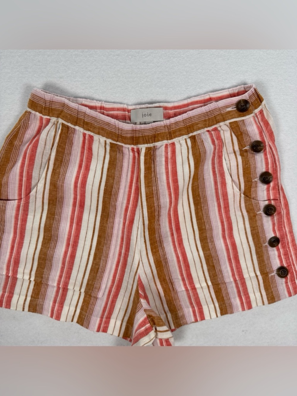 Joie 100% Linen Striped Shorts Women’s Small Side Buttons Back Pockets Beach - Picture 9 of 11